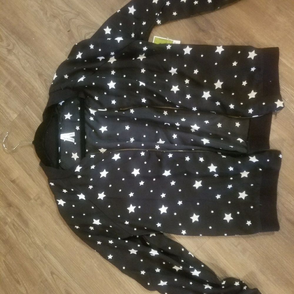 NWT black sheer unlined bomber jacket with stars